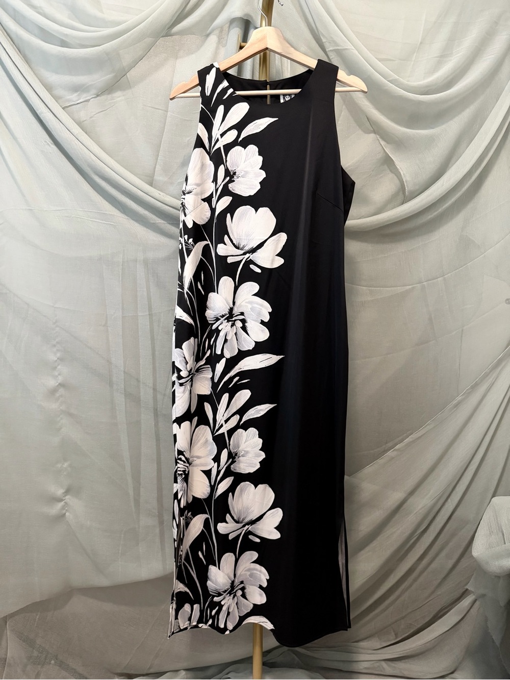 Anne Klein Black Maxi Dress with White Floral Side Print